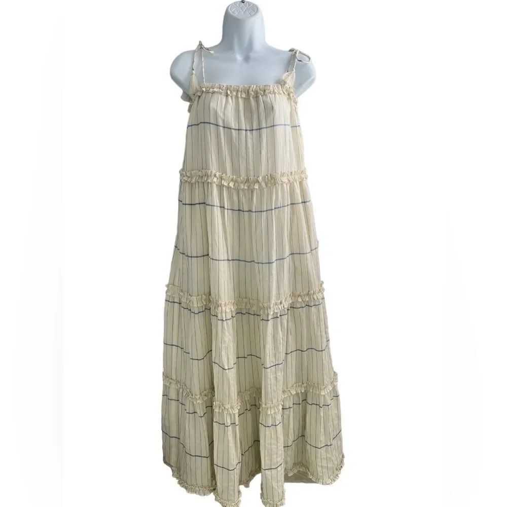 TORY BURCH Long Ruffle Dress Ivory Dutches Blue Stripe Size L.